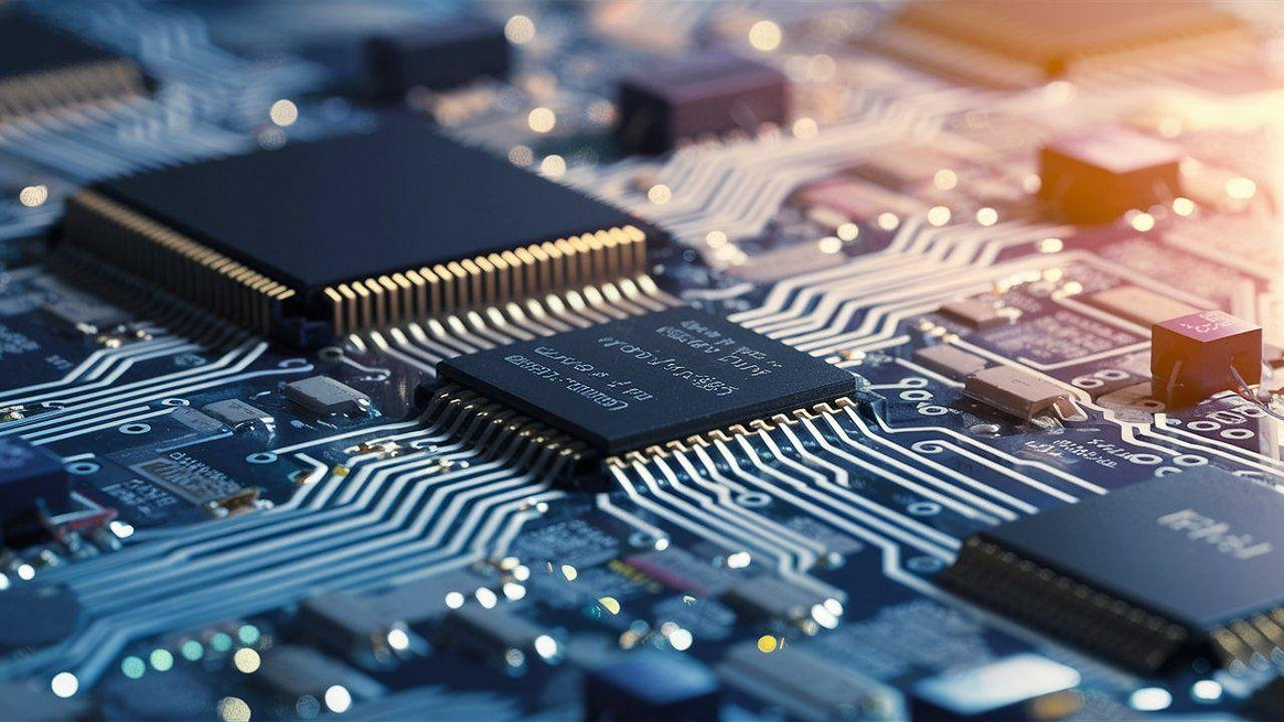 Macro photo of QFP integrated circuits mounted on a blue printed circuit board